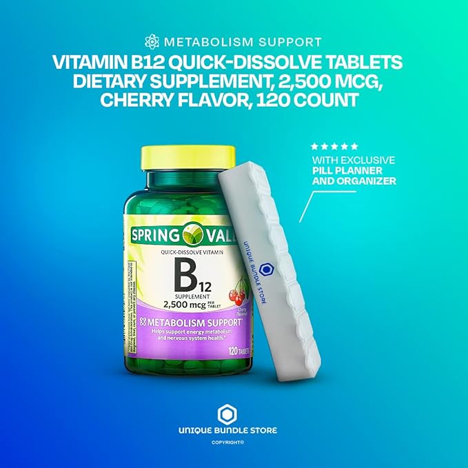 Unique Bundle Store Spring Valley, Vitamin B12 2500 MCG, B12 Quick-Dissolve Cherry Flavor Tablets Dietary Supplement, Vitamin B12, 120 Count + 7 Day Pill Organizer Included (Pack of 1)