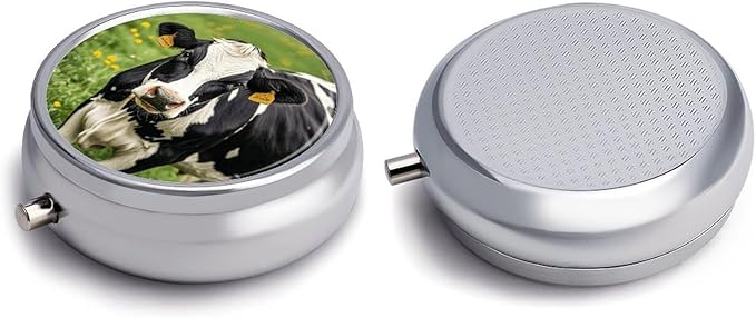 Cow Black Spot Pill Box Travel Pill Case for Purse Pocket Weekly Medicine Organizer with Mirror 3 Compartment Round Medicine Case Portable PillcaseHolder for Daily