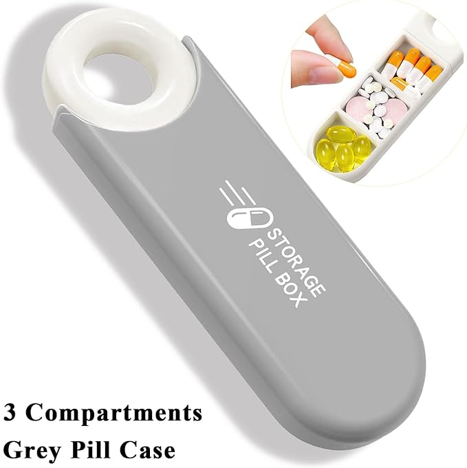 Cute Pill Organizer, Small Size Pill Case with Pull Tab, 3 Compartment Compact Portable Daily Medicine Box for Vitamins, Medications, Fish Oils, Supplements, Capsules, Gray
