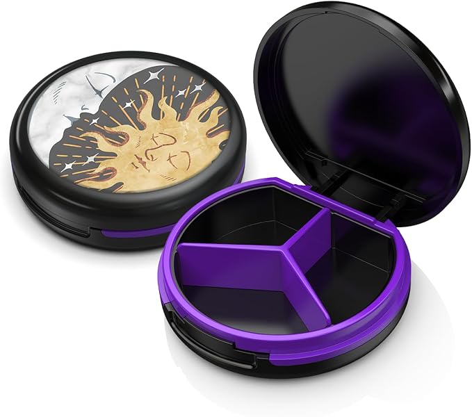 Serfeymi Small Pill Case for Purse, Unique Artistic Patterns Travel Pill Box with 3 Compartments, Portable Mini Pill Organizer for Pocket, Decorative Pill Container for Purse - Black(Cosmic Balance)