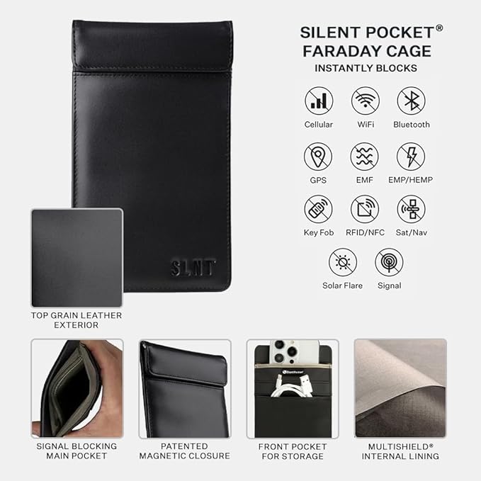 Silent Pocket SLNT Faraday Leather Smartphone Sleeve Signal Blocking Device Shielding for iPhone, Samsung Galaxy, Most Phones, Anti-Hacking (Black Leather, Medium)