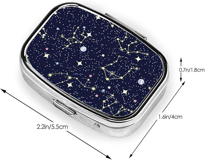 Pill Case Blue Zodiac Galaxy Starry Night Stars Glow in The Dark Midnight Pill Box with Mirror Retro Pocket 2 Compartment Medicine Case Vitamin Pill Organizer for Pocket Purse and Travel Gifts