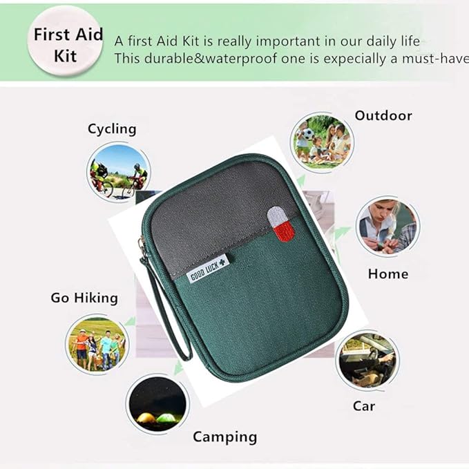 First Aid Kit Bag Empty Travel Medication Pouch Mini Zippered Oxford Medical Survival Kit Carrier Handy Medicine Pills Drugs Package Organizer with 3 Pocket+1 Main Holder-5.5x4.3x0.8Inch (Green-S)
