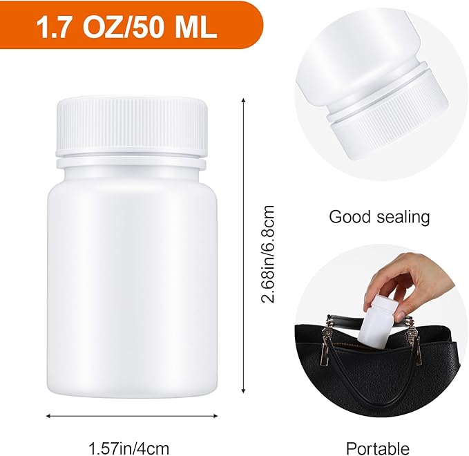 6Pcs Pill Bottle White 50ml Empty Clear Plastic Pill Bottles Medicine Bottles with Screw Caps Empty Reagent Bottle Containers for Pills, Vitamins, Liquid Solid