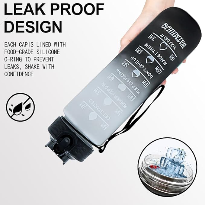 32oz Sports Water Bottle Outdoor, with Drinking Time and Capacity Labels, Sport Water Cups with Straw,BPA Free Leak Proof,for Fitness Gym Running Climbing(Grey black)