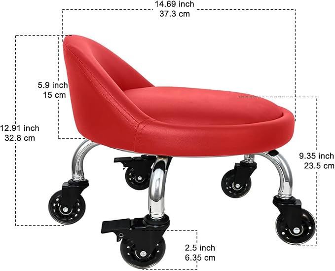 Rolling Stool with Backrest 450 Lbs High Weight Capacity PU Leather Roller Seat and Heavy-Duty Crystal Universal Wheels for Men Women Furniture Gift, Home Office Red