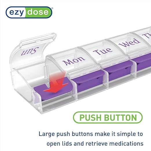 EZY DOSE Weekly (7-Day) AM/PM Daily Pill Organizer, Vitamin Case, and Medicine Container, X-Large Compartments, Arthritis Friendly, Convenient with Effortless Portability, Clear/Purple Lids, BPA Free