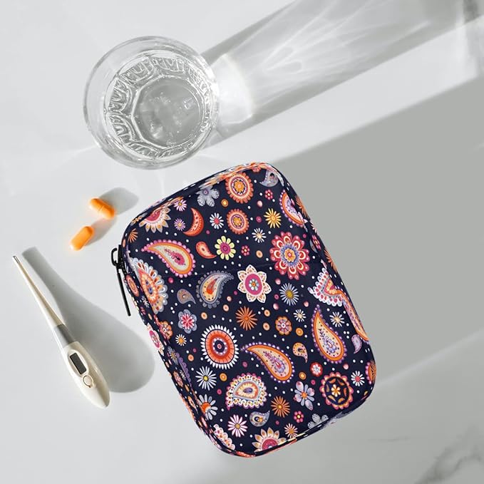 Colorful Ethnic Paisley Pill Case Travel Pill Organizer Weekly 7 Day Portable with Zipper Medicine Box Pill Case for Vitamins, Birth Control,Fish Oils,Medication, Supplements