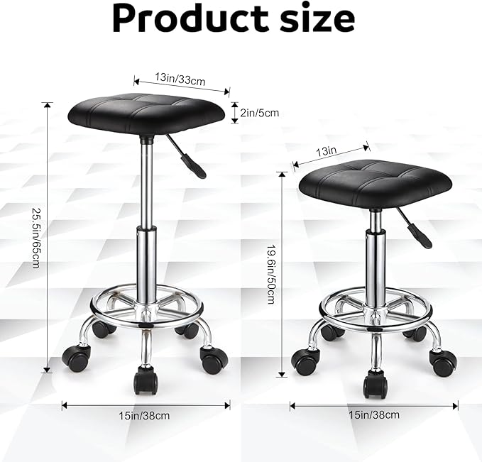 Square PU Cushion Rolling Stool with Wheels Height Adjustable Swivel Stools Office Chair Black