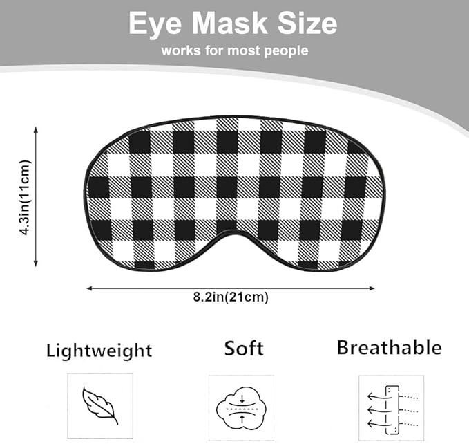 Black and White Plaid Silk Eye Mask Sleep Mask Tartan Checkerboard Squares Pattern Eye Mask with Adjustable Strap Lightweight for Women Work Travel