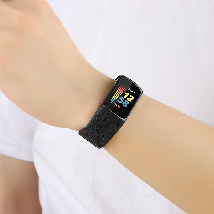 Flower Engraved Bands Compatible with Fitbit Charge 5 Band/Charge 6 Bands Women Cute Floral Engraving Soft Silicone Sport Strap Replacement Wristband for Fitbit Charge 5/6 Tracker Accessories
