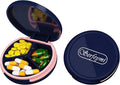 Serfeymi Small Pill Case for Purse, Unique Artistic Patterns Travel Pill Box with 4 Compartments, Portable Mini Pill Organizer for Pocket, Decorative Pill Container for Purse - Dark Blue(Logo)