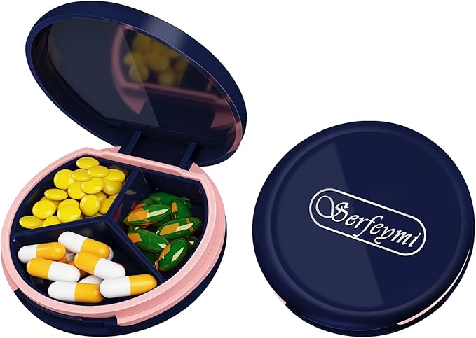 Serfeymi Small Pill Case for Purse, Unique Artistic Patterns Travel Pill Box with 4 Compartments, Portable Mini Pill Organizer for Pocket, Decorative Pill Container for Purse - Dark Blue(Logo)