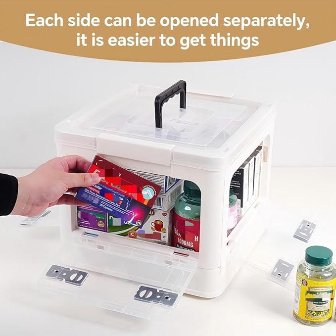 22qt Medicine Organizer Storage Box with 4-Side Opening Doors, 2 Tier Foldable Medication Organizer Empty, White Medicine Container Case Stackable First Aid Box for Home Medical Supply Storage