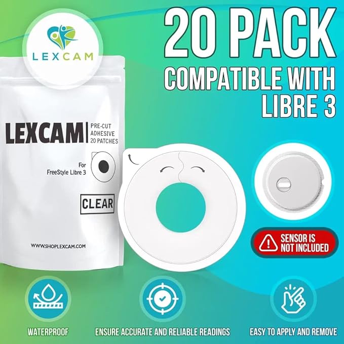 Lexcam Adhesive Patches Compatible with Freestyle Libre 3 – Pack of 20 – Waterproof, Clear Overpatches for Continuous Glucose Monitoring, Stays Secure for 14+ Days, Sensor is NOT Included