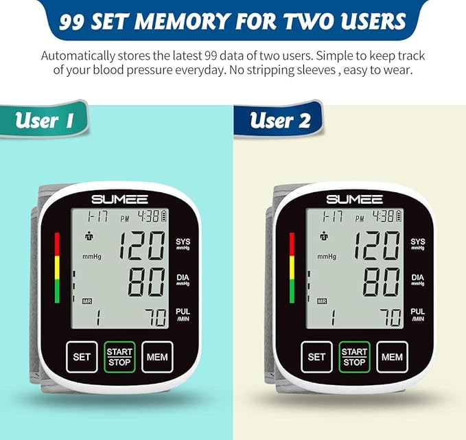 Wrist Blood Pressure Monitor Automatic BP Machine with Large Backlit Display Heart Rate Monitors 2x99 Readings 5.3-7.7in Adjustable Cuff for Home Use,Include Carrying Case and 2AAA Batteries-Black