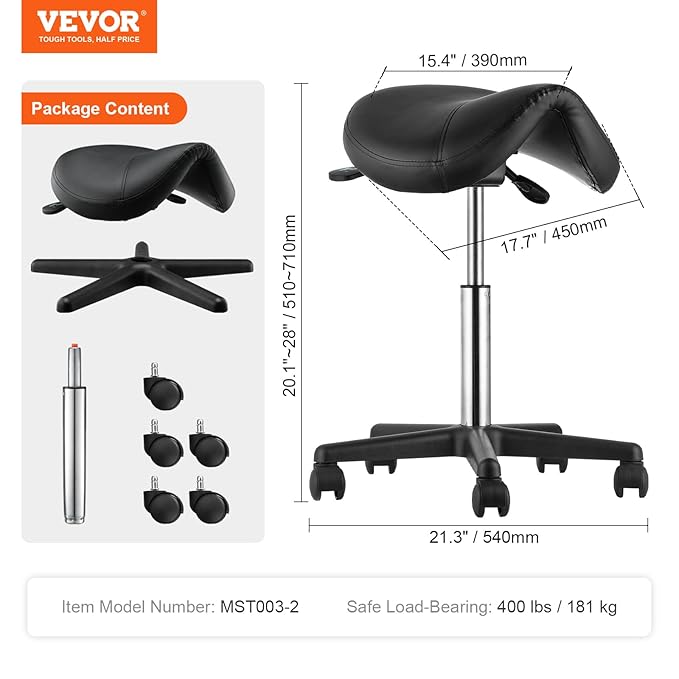 VEVOR Saddle Stool with Wheels, 400 LBS Weight Capacity, Height Adjustable Thickened PU Leather Swivel Saddle Stool Chair for Salon, Spa, Tattoo, Clinic, Black
