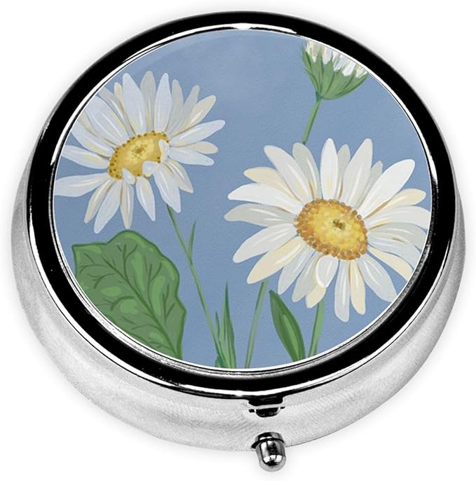 Metal Pill Organizer - 3-Compartment Mini Round Pill Case for Pocket & Purse, Portable Vitamin Holder, Easy-Open Design for Travel - Daisy