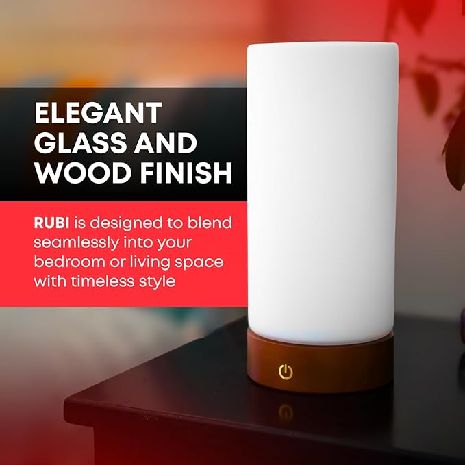 Rubi Red Light Therapy Lamp – 670nm Wavelength for Natural Sleep, Relaxation & Wellness | Adjustable Brightness for Bedroom Light | Elegant Glass & Wood Design | One-Touch Lamp Switch