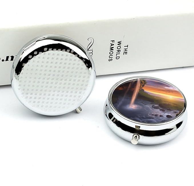 Waterfall at Sunset Pill Box 3 Compartment Small Pill Case Portable Pill Box for Pocket Or Purse Round Metal Pill Box Cute Medicine Organizer Holder to Hold Vitamins Medication