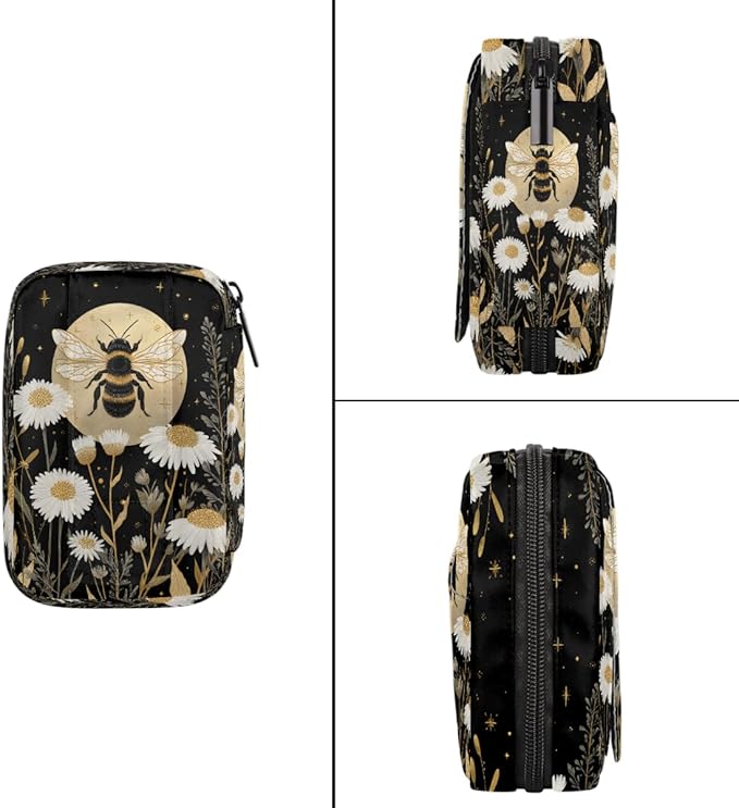 Bees Wild fowers Pill Case Everyday Travel, 7 Day Weekly Medicine Pill Box Compact Portable Pills Bottle Organizer with Zipper for Daily Vitamin Medicine Holder Bottle Organizers Bag