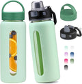 Kodrine 20oz Glass Water Bottle with Straw-2 Lids for Easy Carry with Handle, Silicone Sleeve & Time Marker, Reusable Glass Drinking Bottle for Home,Office,Outdoors, Cupholder Friendly-Green