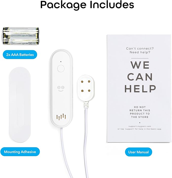 Geeni Smart Water Alarm Leak Detector with Siren - 80dB Alarm with App Alerts for Monitoring Kitchen, Bathroom, Basement Flood, Battery-Powered WiFi Moisture Sensor Alexa, Google Home Compatible