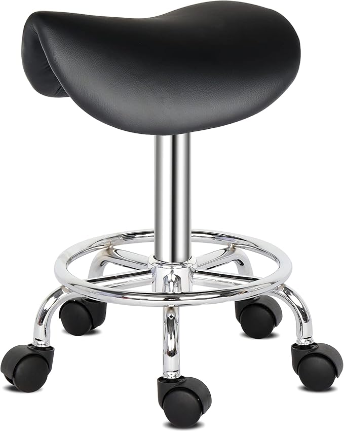 Round Rolling Bar Stool PU Leather with Wheels and Foot Rest, Height Adjustable Task Work Chair for Salon Spa Office Chairs