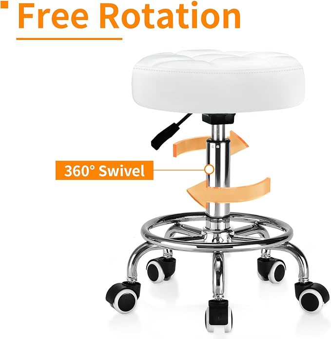Rolling Stool PU Leather Round - Ultra Soft Padded Seat Cushion Stool with Wheels with Footrest, Weight Capacity 300lb,Adjustable Height Stool for Tattoo Massage Salon Medical Spa Center (White)