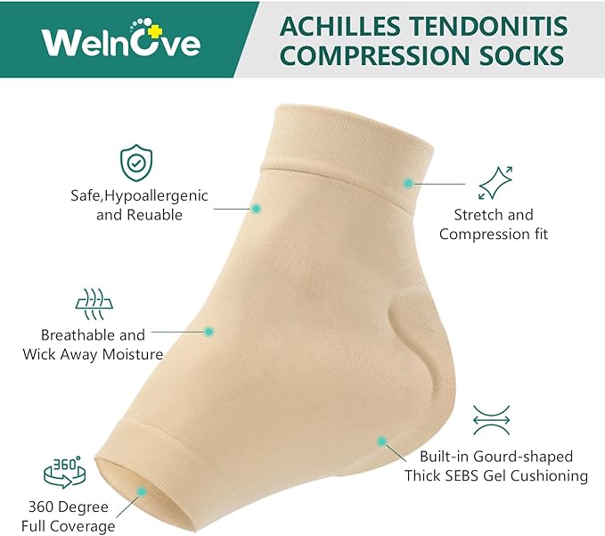 Achilles Tendonitis Heel Protector Socks - (FSA&HSA) Welnove Achilles Tendon Support Compression Socks - Gel Padded Sleeve for Cushion & Protection of Bursitis, Tenderness, Dry Cracked, Large
