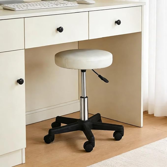 ZENY Adjustable Swivel Rolling Stool Chair with Wheels for Home Office Beauty Salon Spa Medical Tattoo Drafting, White