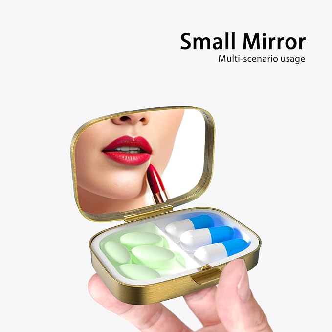 Small Pill Box Pill Case with Mirror Retro Pocket 2 Compartment Pill Holder for Purse or Pocket Bronze Portable Medicine Vitamin Container Fish Oil and Supplement Storage BPA-Free(Purple Flower)