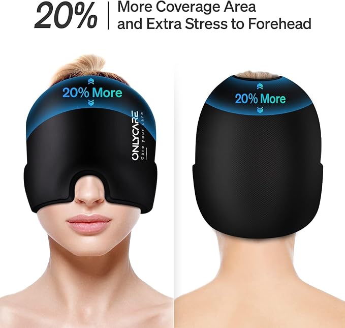 ONLYCARE Migraine Relief Cap, Soothing Migraine Mask, Upgraded Odorless Gel Ice Head Wrap, Hot and Cold Therapy, Headache Ice Pack for Tension, Stress, Hangover (Black)