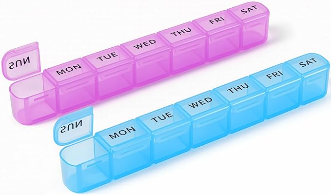 2 Pack Weekly Pill Organizer, Large 7 Day Pill Box, BPA-Free Travel Medicine Case, Easy Open & Secure Close, Portable Pill Holder for Vitamins, Supplements & Medications - Blue&Purple