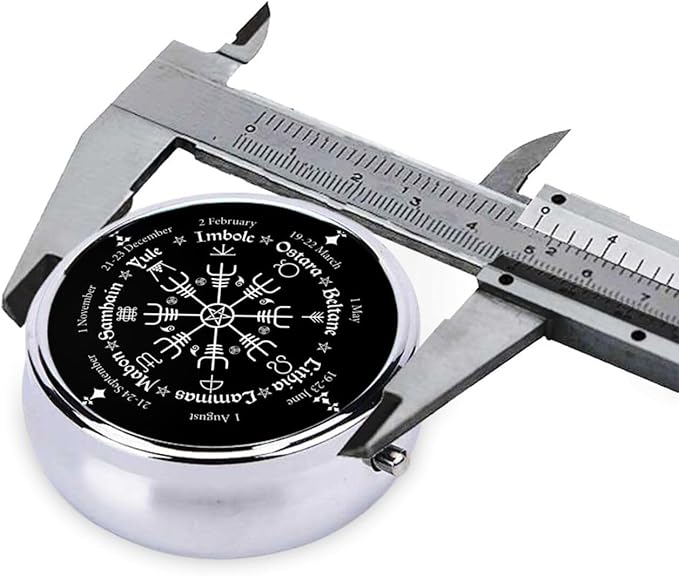 Round Stainless Steel Pill Box Case Norse Viking Vegvisir Compass Goth Pentagram, Pocket 3 inches Medicine Tablet Holder Organizer Case for Purse - Compact 3 Compartment