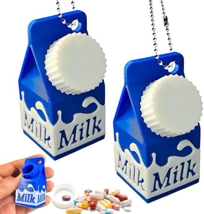 Generic Milk Carton Pill Case Keychain, Lactose Intolerant Pill Holder with Secure Screw Cap, Portable, Blue, 1 Compartment