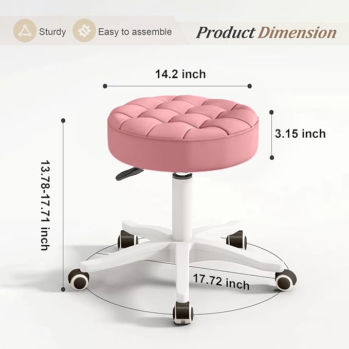 Small Rolling Stool with Wheels, PU Leather Height Adjustable Vanity Work Task Stool, 360 Swivel, Padded Seat Cushion,for Salon, Home, Office