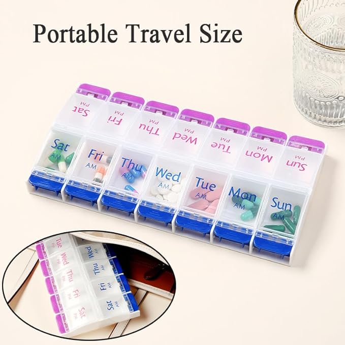 Daily Pill Case Organizer, 7-Day Weekly Medicine Planner Organizer, AM PM, Large Tray 14-Compartment Meds Box Container Holder for Medication, Vitamin, Supplement, Fish Oil, Purple + Blue