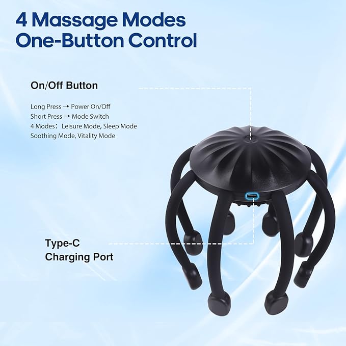 Head Massager Scalp Electric with 4 Modes, 360° Electric Head Massager Rechargeable, Electric Octopus Scalp Massager Portable, Scalp Stress Relax Massage Tool Free Hands