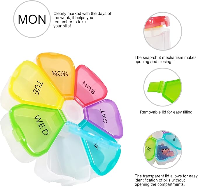 Quacc Cute Weekly Pill Organizer Travel 7 Day Portable Round Floral Pill Case Box Pill Container Medcine Holder for Large Vitamin Fish Oil Pill Medication Supplement Storage - Rainbow