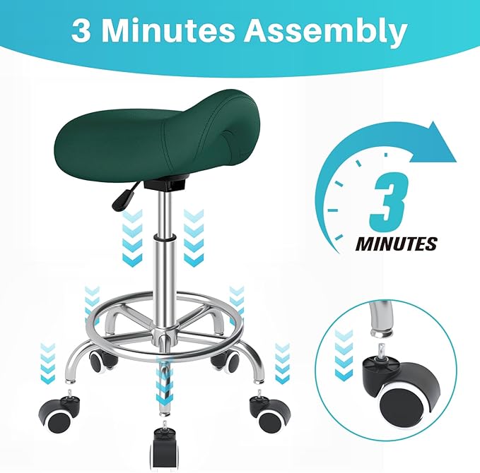 YEEZEE Saddle Stool Ergonomic- Comfortable Rolling Saddle Stool with Wide Thick Saddle Seat Padding, Swivel Adjustable Saddle Chair with Wheels and Ring Pedal for Medical Massage Salon (Green)