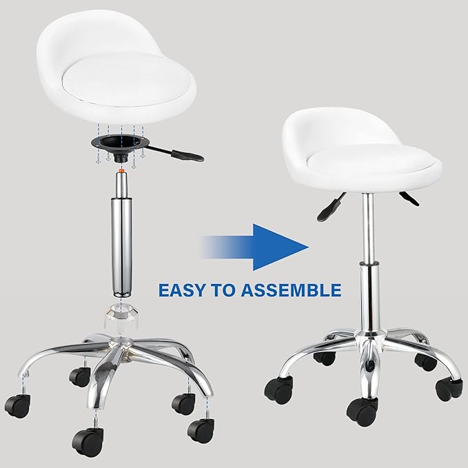 HomGarden Height Adjustable Rolling Swivel Salon Stool, PU Leather Hydraulic Ergonomic Chair with Backrest Wheels for Office Work Tattoo Massage Facial Spa Manicure Dentist Clinic, White