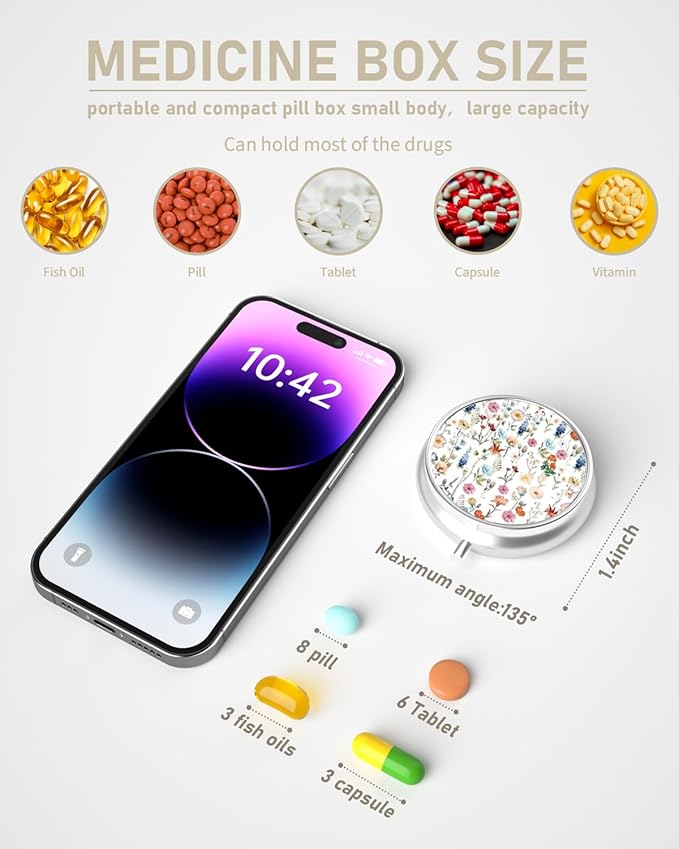 Pill Box, 3 Compartment Portable Travel Medicine Box with Mirror, Compact and Cute, Fits in Purse and Pocket, Medicine and Vitamin Organizer (Little Flower)