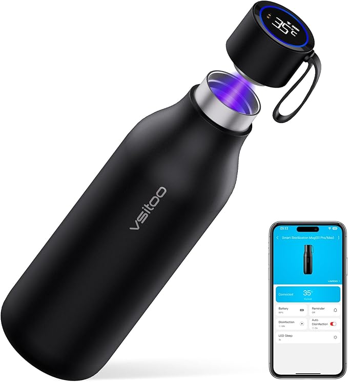 VSITOO 33oz Smart Self-Cleaning Water Bottle，Large Insulated Stainless Steel Bottle with AI Self-Clean, 30-Day Battery & Magnetic Charging for Outdoor Travel, Gym or Office, Black