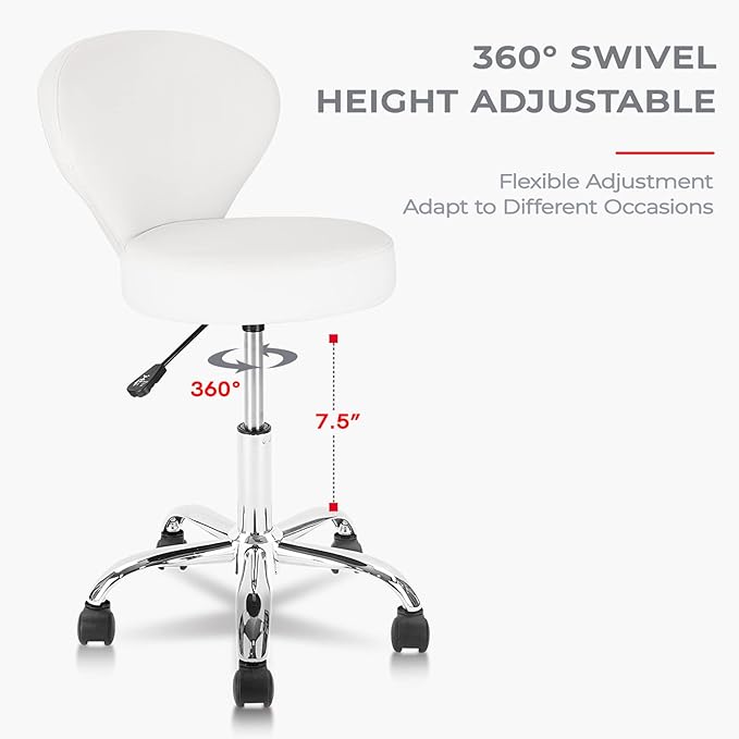 Adjustable Swivel Rolling Stool Chair with Backrest and Wheels, Multi-Purpose Office Desk Chair, Thick Seat Cushion for Home Bar Kitchen Shop, White