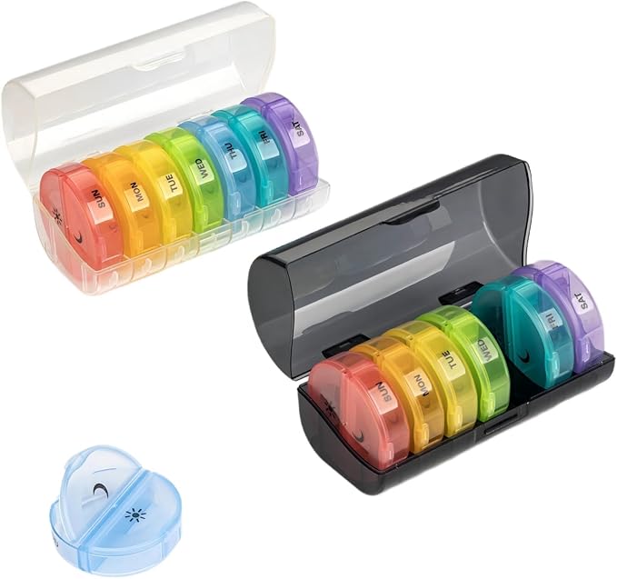 2 Pack Weekly Pill Organizer 7 Day AM PM, Large 2 Times a Day Vitamin Box with Extra Large Compartments, Leak Proof Portable Travel Pill Case for Pills & Supplements(Black&Clear)
