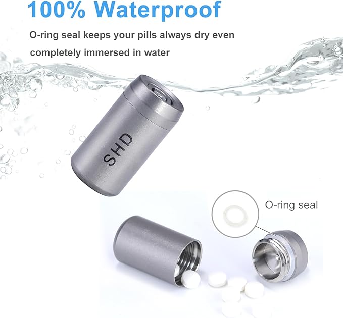 SHD Pill Holder Keychain,Titanium Waterproof Mini Pill Case Container,Portable Small Pill Box for Outdoor Travel Camping