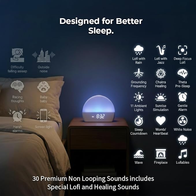 White Noise Sound Machine Sunrise Alarm Clock – 30 Non-Looping Soothing Sleep Sounds with LoFi and Healing Music| 10-Color Ambient Light & Sunlamp | No App Screen Free Sleep for Baby Adults Kids
