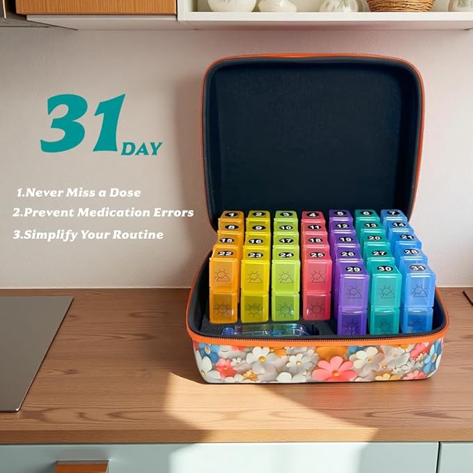 Monthly Pill Organizer, 31-Day Medicine Box with Hard Shell Case, 3 Times Daily Dosage Schedule, Plastic Rectangular Design, Includes Pill Cutter and Monthly Weekly Stickers (Flowers)