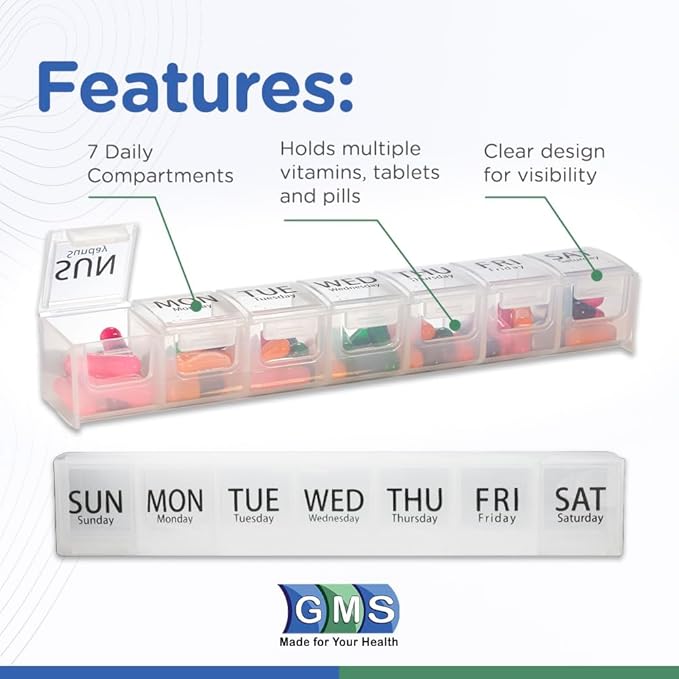 GMS Weekly Pill Organizer - 7-Day Labeled Compartment Pill Case for Supplements, Vitamins and Medication - Secure Latches - Ideal for Daily Use & Travel - Clear